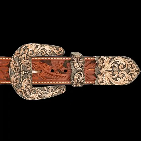 There's no better way to describe Stockyards Style than with our Cowtown Three Piece Buckle Set! Detailed with our Longhorn 3D figure and intrincate copper scrollwork. Pair it with a discount belt and keychain!